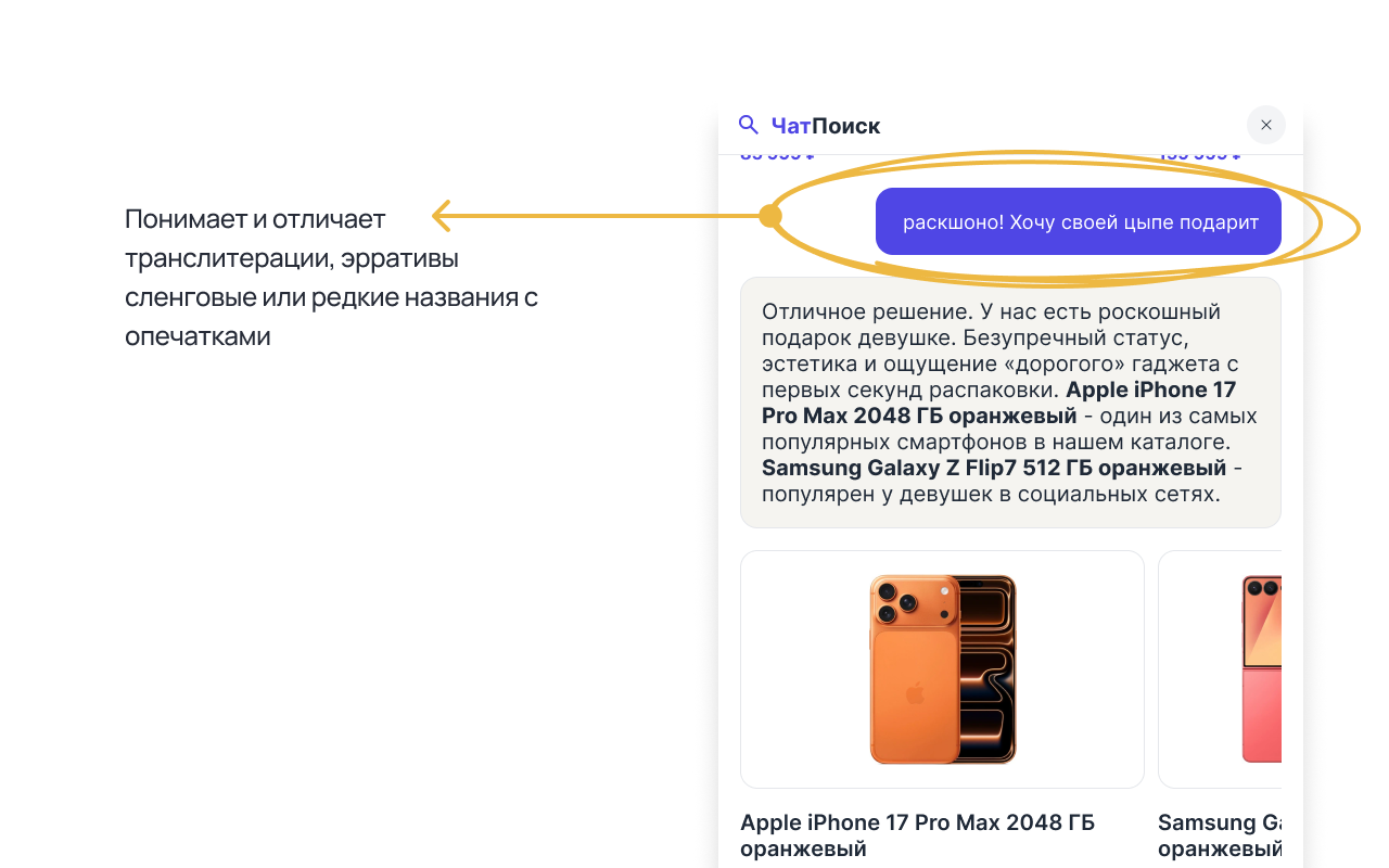 Схематичное отображение виджета поиска товаров (ЧатПоиск) с уточнением поискового запроса эрративом и опечатками