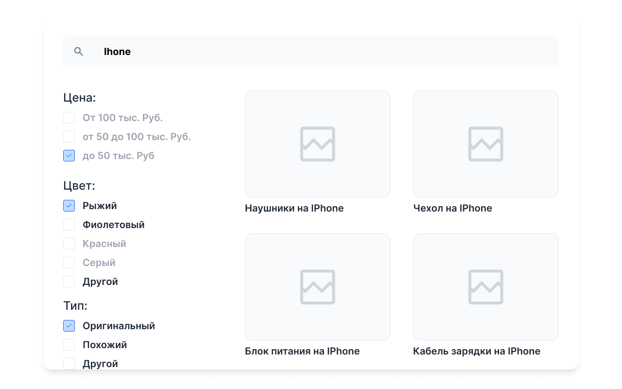 Схематичное изображение интернет-магазина, где результат поиска не отражает цели запроса