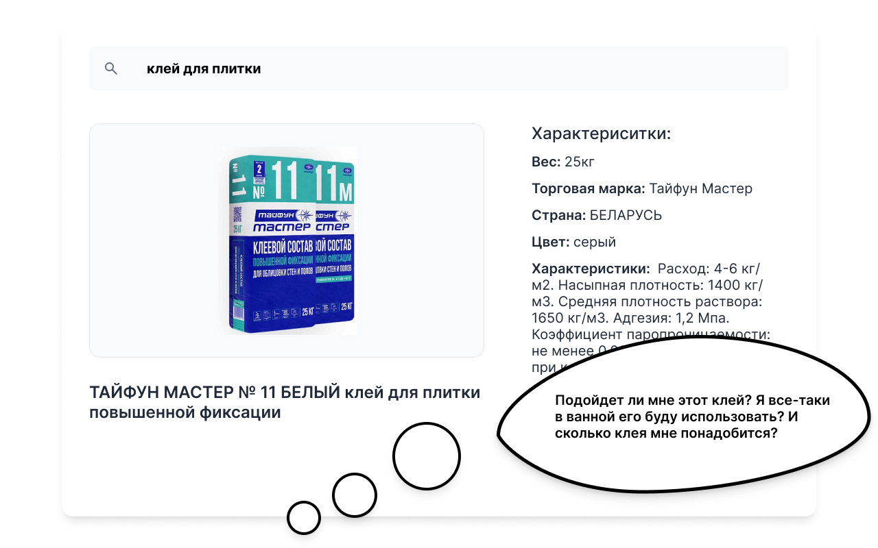 Схематичное отображение стринцы товара интернет-магазина с облаком мыслей клиента. В облаке мыслеей сомнение пользователя о соответствии товара его условиям 